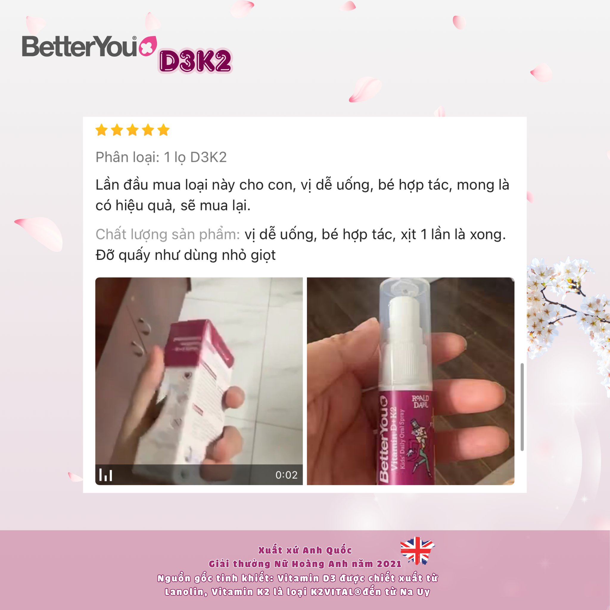 BetterYou D3K2 dạng xịt – giải pháp bổ sung vitamin hiệu quả cho bé từ 1–12 tuổi. 