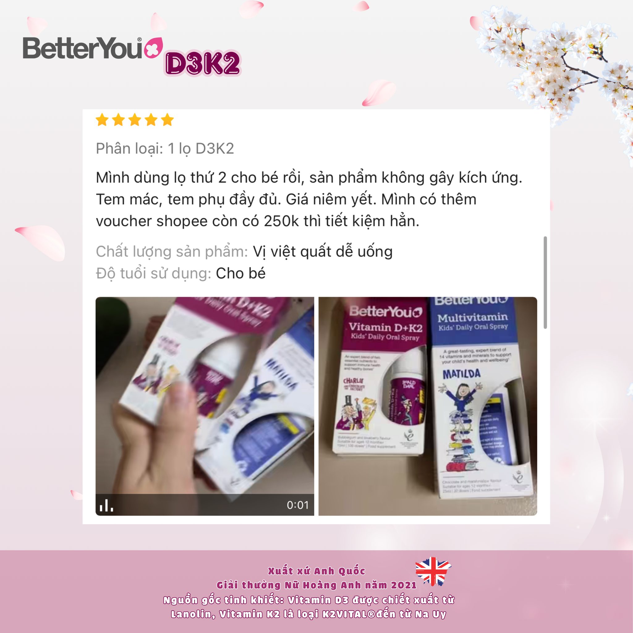 BetterYou D3K2 dạng xịt – giải pháp bổ sung vitamin hiệu quả cho bé từ 1–12 tuổi. Kết hợp D3 Lanolin và K2 Vitual Na Uy, hỗ trợ hấp thu canxi tối ưu, giúp xương chắc khỏe và phát triển chiều cao. Dạng xịt tiện lợi, dễ dùng, hấp thu nhanh, được tin dùng tại Anh Quốc.